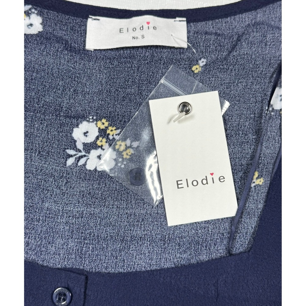 Elodie Navy Floral Print Square Neck Short Sleeve Button Front Top Womens Size S - Picture 5 of 9